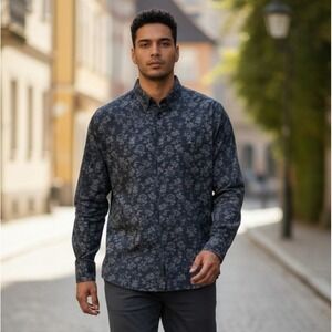Original Penguin Mens Classic Fit Floral Button Down Shirt Charcoal Grey Large
